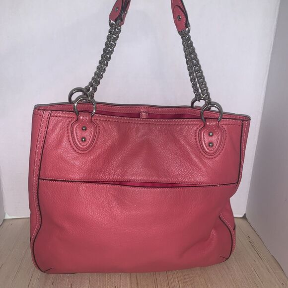 Coach Pink Poppy Leather Handbag Large 24081 Double Chain Handle turnlock pocket - Picture 2 of 16